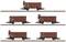 Pięć brązowych wagonów towarowych na torach, ułożonych w rzędzie pionowym, od góry do dołu. Każdy wagon ma podobną budowę i rozmiar.