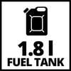 Czarna ikona przedstawia kanister, pod którym widnieje napis '1,8 l FUEL TANK'. Symbolizuje 1,8-litrowy zbiornik paliwa.