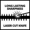 Grafika przedstawia nóż przecinany przez laser. Tekst: 'Długotrwała ostrość' oraz 'Nóż cięty laserem'.