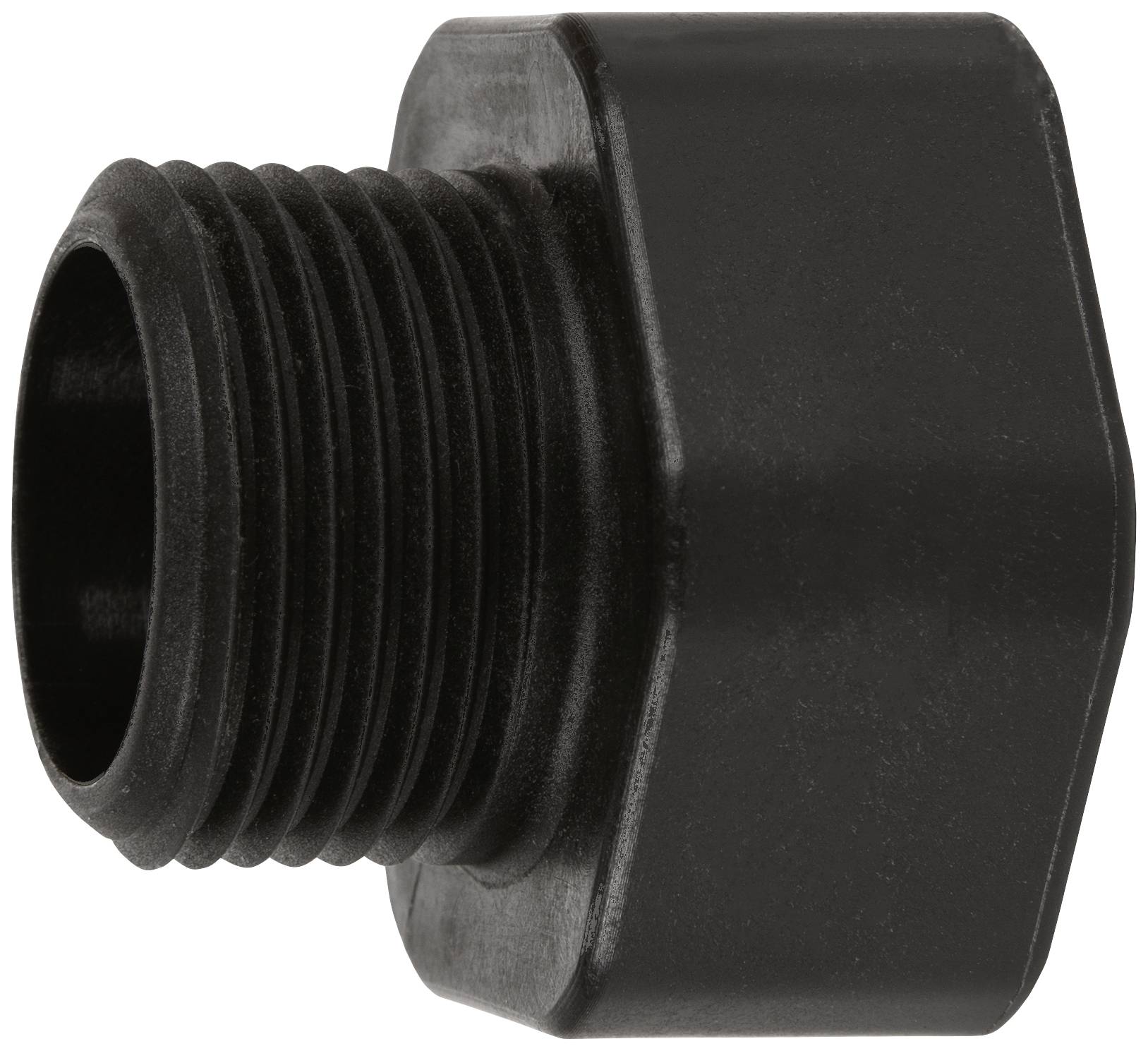 Czarne sześciokątne złącze z prawym gwintem zewnętrznym, wykonane z tworzywa sztucznego. Koncepcja przeznaczona do zastosowań sanitarnych lub przemysłowych.