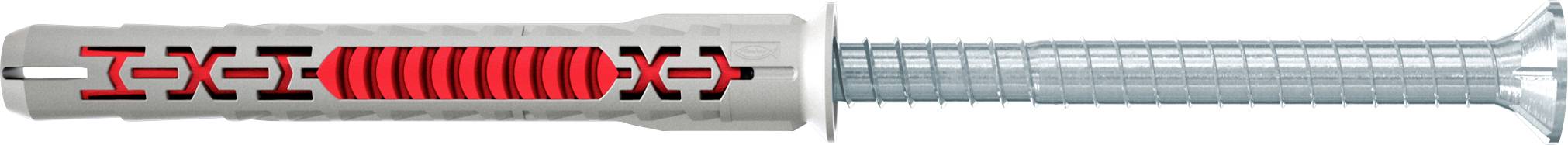 Ilustracja kotwy ściennej pokazująca plastikową tulejkę z czerwonym wnętrzem i wsuniętą metalową śrubę, zaprojektowaną do mocowania przedmiotów w murach.
