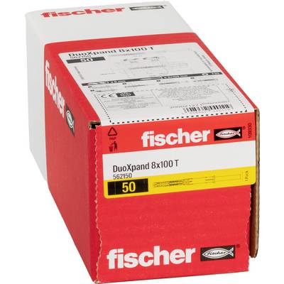 Czerwone wkładki Fischer Duopand 8x100 T w pudełku zawierającym 50 kołków rozporowych/kotwów do ścian z etykietą produktu na przedniej stronie.