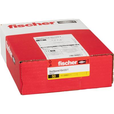 Kotwy ścienne Red Fischer DuoXpand 10x120 T, opakowanie 50 sztuk na białym tle.
