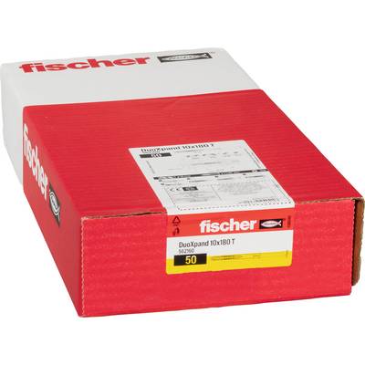 Czerwone pudełko produktu Fischer oznaczone "DuoXpand 10x180 T" z oznaczeniem ilości 50.