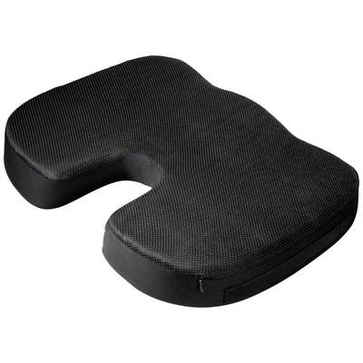 Czarne, ergonomiczne siedzisko w kształcie litery U, zaprojektowane w celu odciążenia kręgosłupa i wspierania prawidłowej postawy siedzącej.