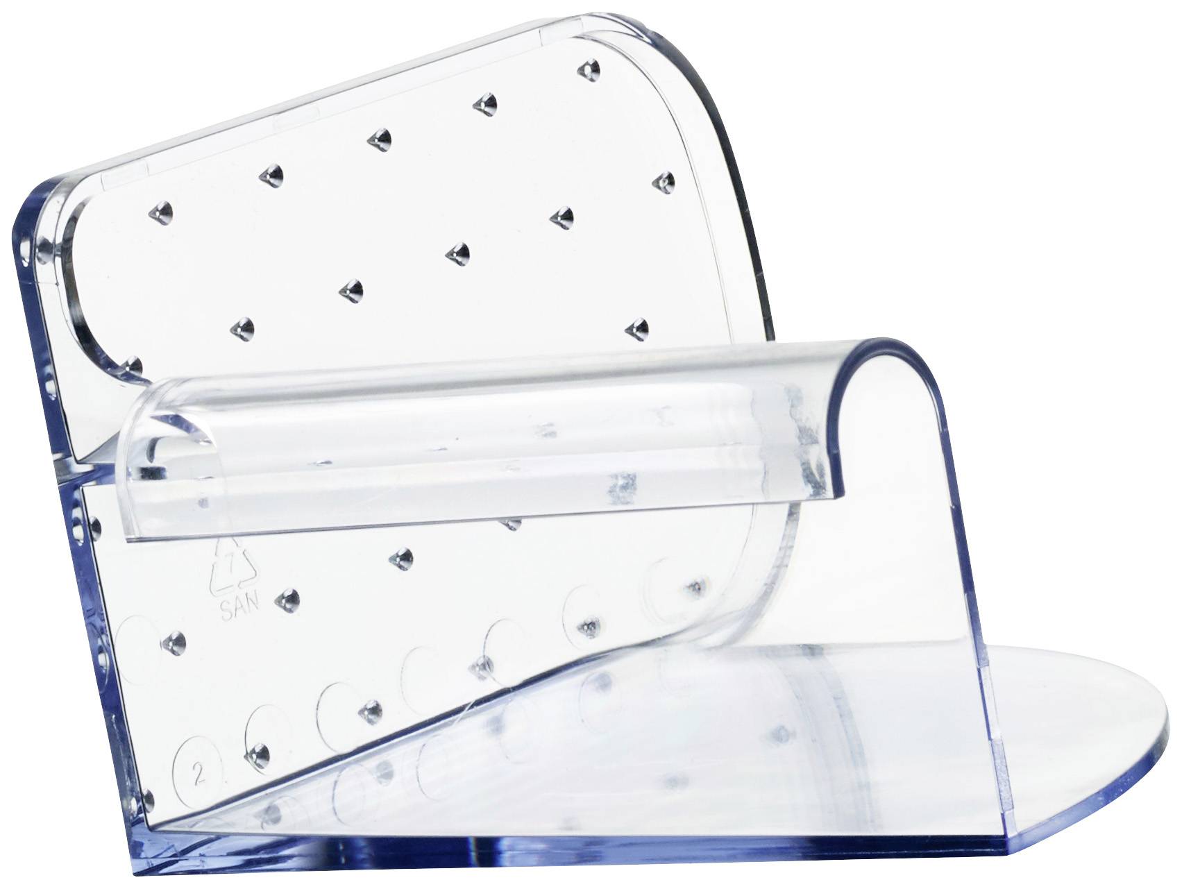 Przezroczysty, skośny stojak z wzorem serc, odpowiedni do prezentacji lub podtrzymywania małych przedmiotów.