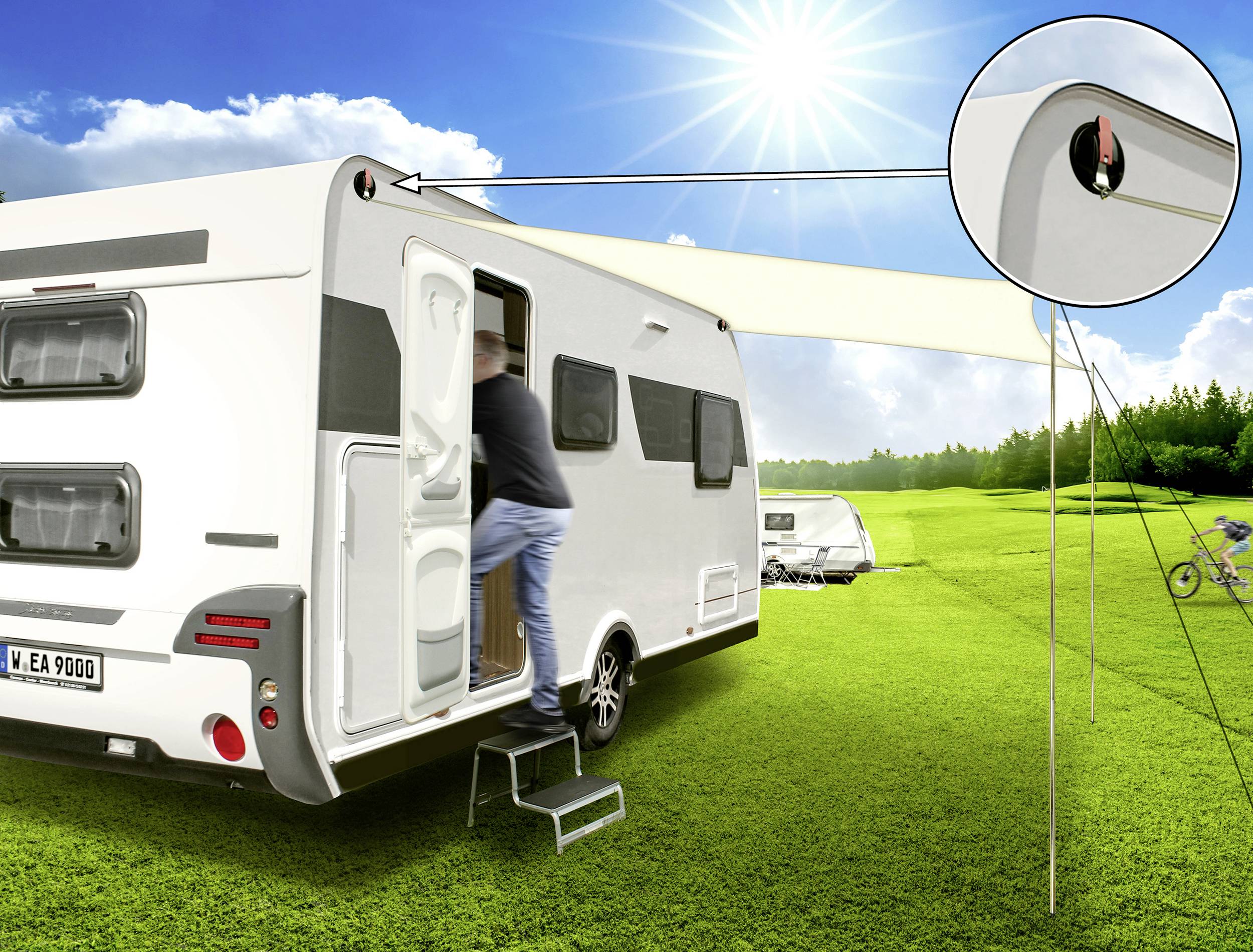 Przyczepa kempingowa stoi na zielonej łące w słoneczny dzień. Jedna osoba wsiada do środka. Powiększony detal przedstawia gniazdko elektryczne na zewnątrz.