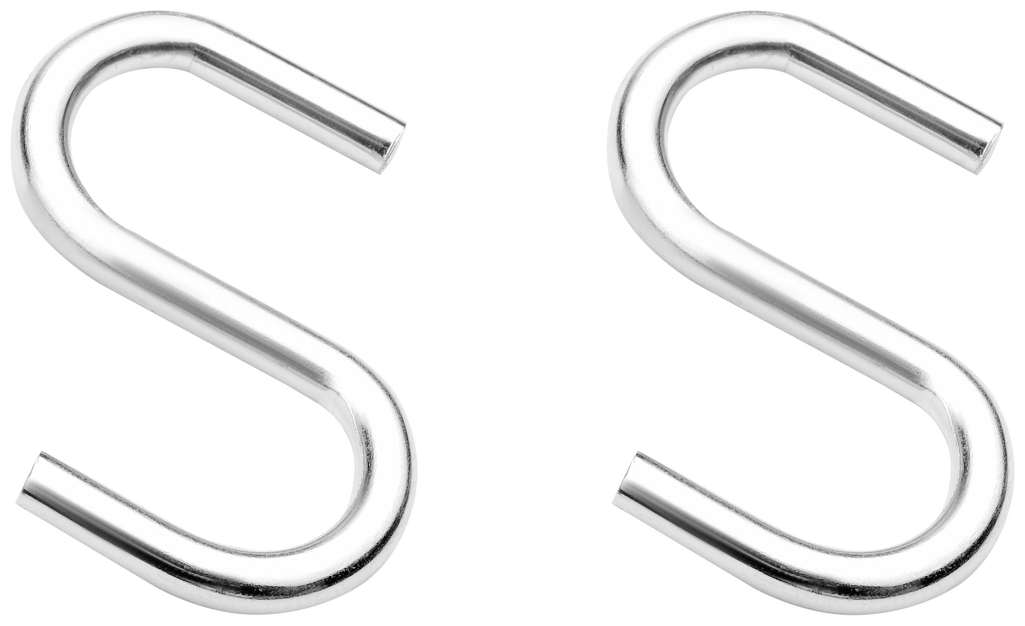 Dwa srebrne haki S ułożone obok siebie na białym tle. Idealne do zawieszania przedmiotów, takich jak przybory kuchenne lub ubrania.