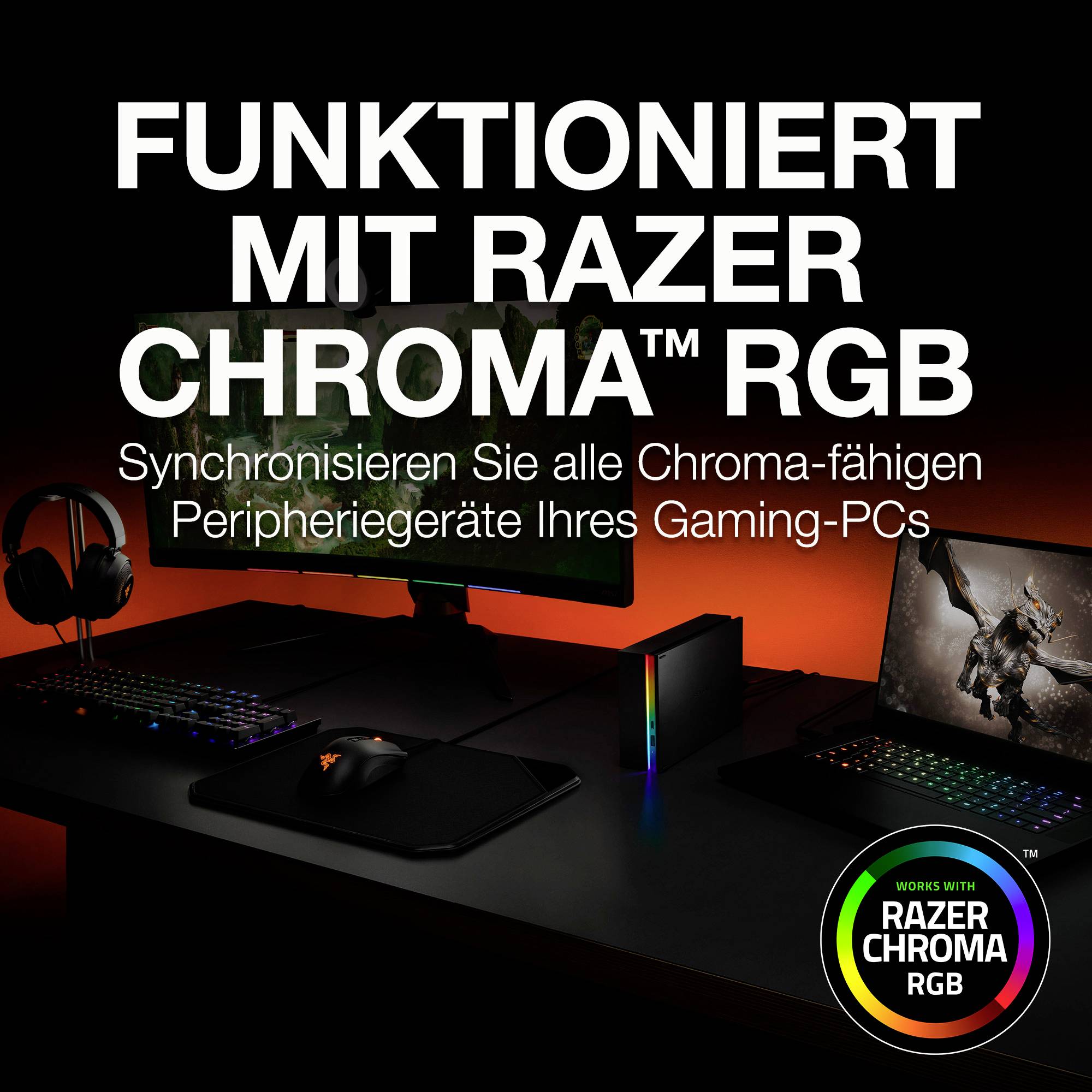 "Działa z Razer Chroma RGB" napisane białym tekstem na czarnym tle. Zestaw do gier z podświetlanymi urządzeniami peryferyjnymi jest przedstawiony.