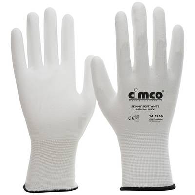 Dwie białe rękawice robocze marki Cimco, model 'Skinny Soft White', z oznakowaniem CE, rozmiar 10.