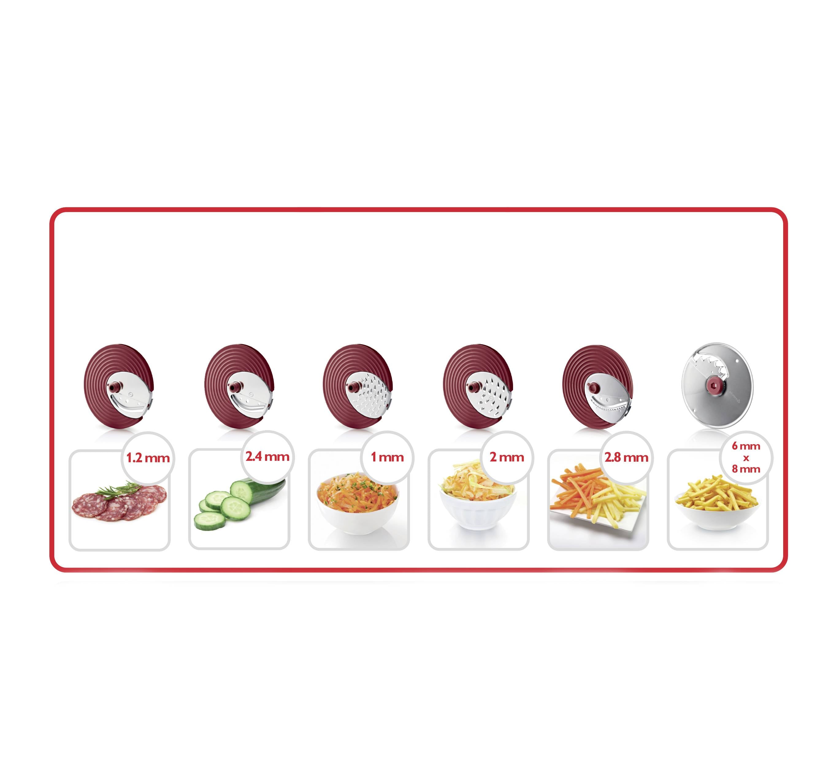 'Obraz z okrągłymi tarczami tnącymi o różnych grubościach: 1,2 mm, 2,4 mm, 1 mm, 2 mm, 2,8 mm. Do salami, ogórków, sera, frytek.'