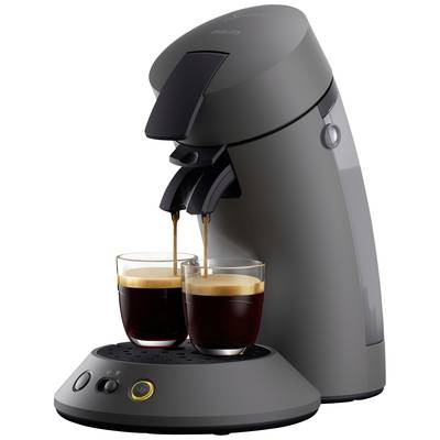 Szara ekspres do kawy z dwoma filiżankami, do których wlewa się espresso. Urządzenie ma kompaktowy, nowoczesny styl i okrągłą podstawę.