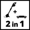 Diagram symbolu '2 w 1' przedstawiający podkaszarkę i kosiarkę połączone znakiem plus.
