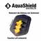 Logo i slogan 'AquaShield Schutzhüllen'. Obraz zaworu z strzałkami odprowadzającymi powietrze. Tekst: 'Redukuje powstawanie pleśni. Wilgotne powietrze ucieka.'