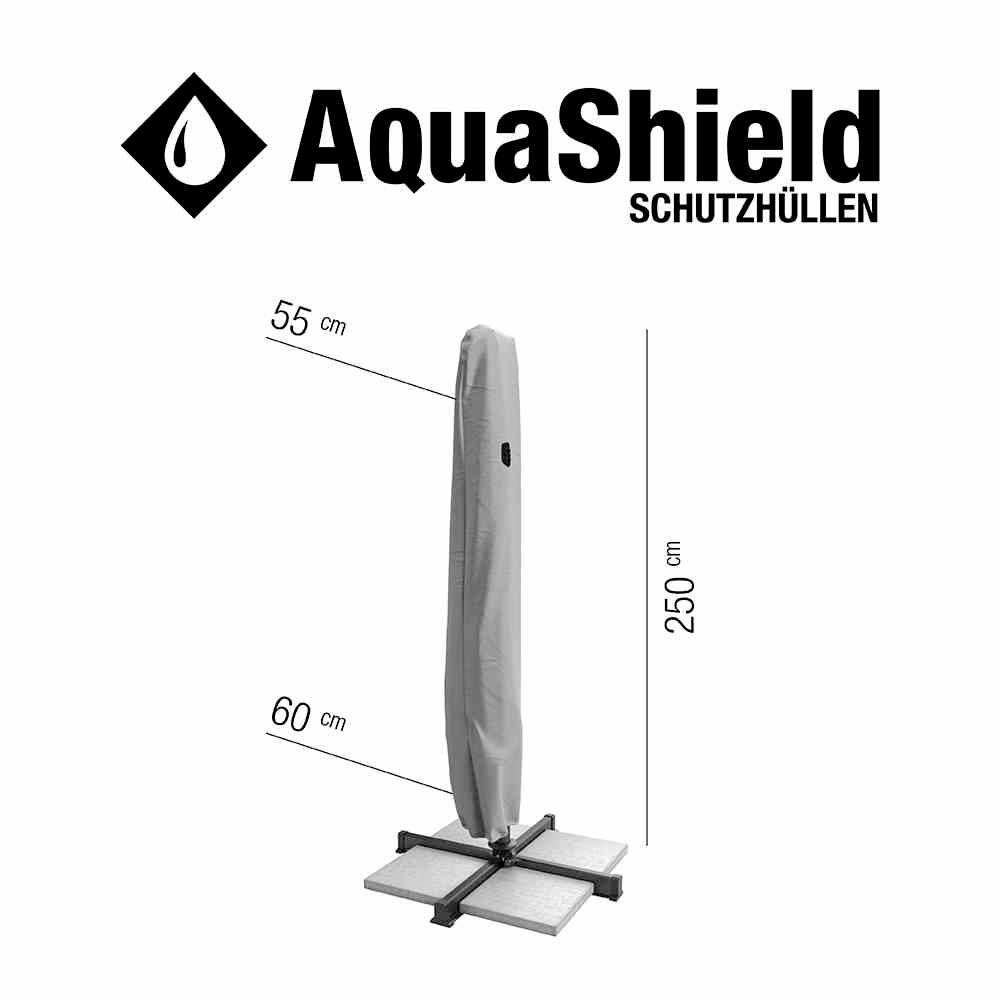 Pokrowiec 'AquaShield Schutzhüllen' prezentuje osłonę na parasole o wymiarach 250 cm (wysokość), 55 cm (szerokość) i 60 cm (głębokość).