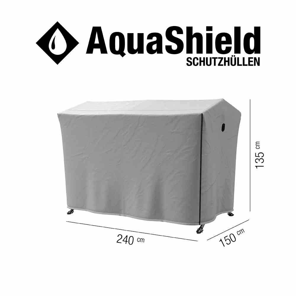 Szara osłona na meble ogrodowe; Wymiary 240x150x135 cm. Nazwa marki 'AquaShield Schutzhüllen' z symbolem kropli wody u góry.