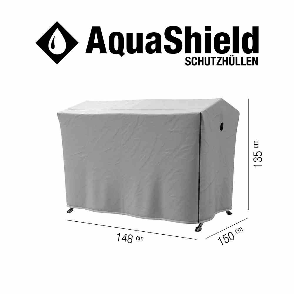 Szara osłona na meble ogrodowe, wymiary: 148 cm x 150 cm x 135 cm, z logo 'AquaShield Schutzhüllen', chroniąca przed warunkami atmosferycznymi.