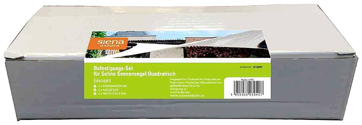 Opakowanie zestawu mocowań do prostokątnych żagli przeciwsłonecznych marki Siena Garden, prezentujące zdjęcie produktu i kod kreskowy.