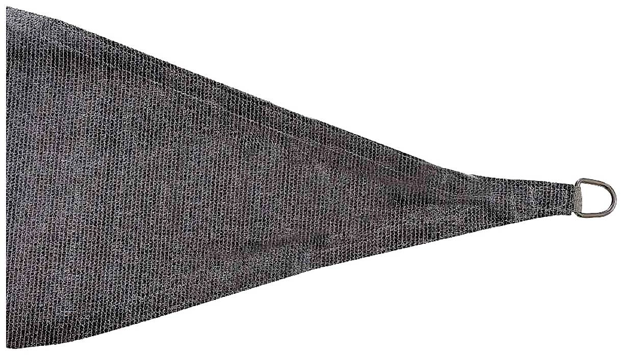 Trójkątny żagiel przeciwsłoneczny z szarego materiału z metalową pętlą mocującą w jednym rogu.