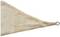 Trójkątny, beżowy żagiel przeciwsłoneczny z metalowym oczkiem na czubku, przeznaczony do zacieniania ogrodu lub tarasu.