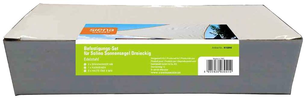 Zestaw montażowy do trójkątnego zadaszenia przeciwsłonecznego Solina; zawiera 2 karabińczyki, 2 uchwyty ścienne, 1 napinacz linki. Numer artykułu: 92950.