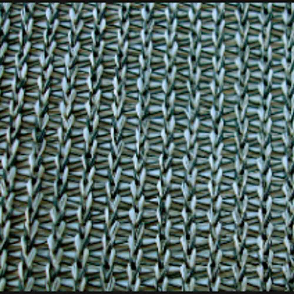 Zbliżenie wzoru dzianiny w odcieniach zieleni i błękitu, opartego na regularnej technice układania oczek w kształcie litery V.