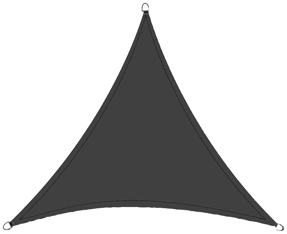 Trójkątny, ciemnoszary żagiel przeciwsłoneczny z punktami mocowania w narożnikach. Idealny do zacieniania tarasów lub ogrodów.