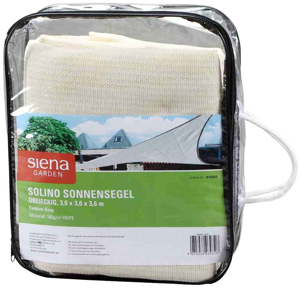 Pakowane żagielowe zadaszenie przeciwsłoneczne Solino firmy Siena Garden, trójkątne, o długości boku 3,6 m, w kolorze kremowym, materiał: HDPE, zdjęcie napiętego żagla.