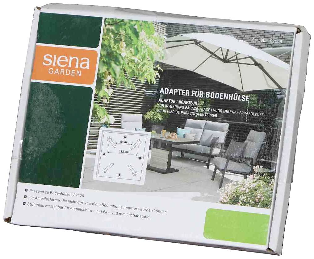 Tekturowe pudełko z obrazkiem tarasu z włoskim stołem, krzesłami i parasolem. Tekst: 'Adapter do tulei mocującej'. Marka: Siena Garden.