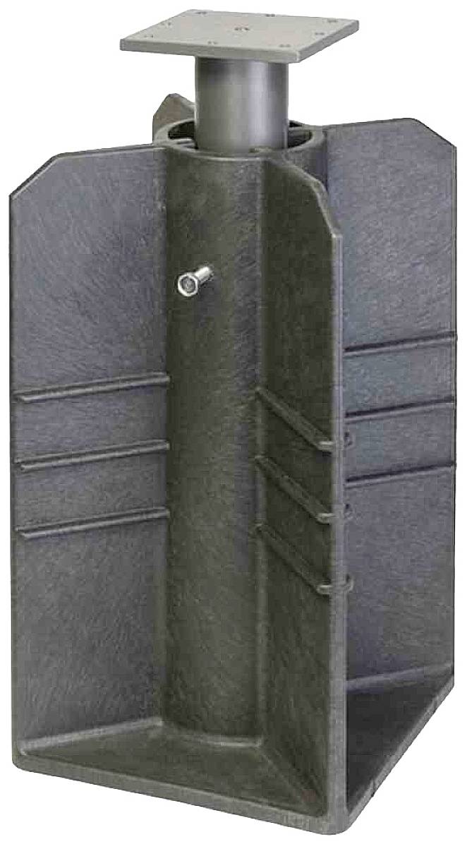 Prostokątna, pusta plastikowa podstawa z centralnym cylindrycznym prętem i górną metalową płytą.