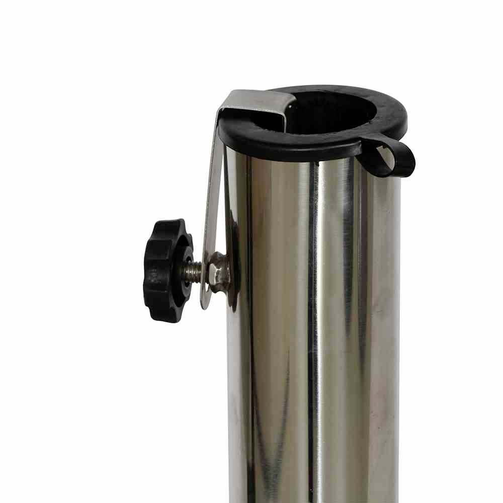 Uchwyt na wędkę ze stali nierdzewnej z regulacyjną śrubą z boku, odpowiedni do bezpiecznego zamocowania na powierzchni.