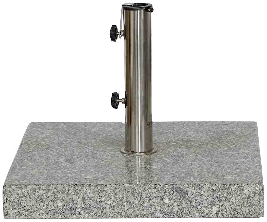 Szary stojak na parasol wykonany z granitu, wyposażony w metalowy uchwyt pośrodku. Idealny do stabilnego mocowania parasoli.