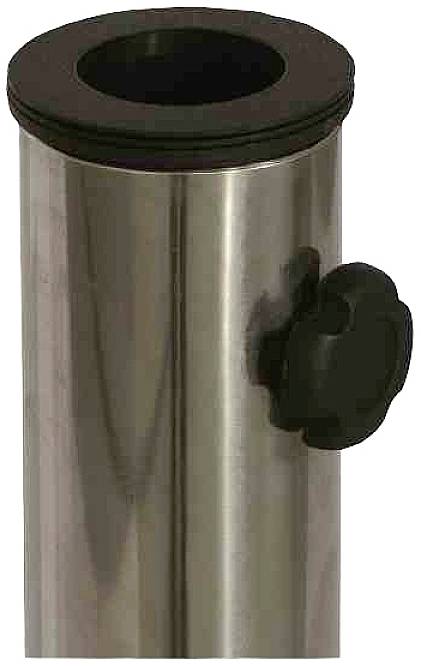 Rura ze stali nierdzewnej z czarną zaślepką i śrubą z boku do regulacji lub mocowania.