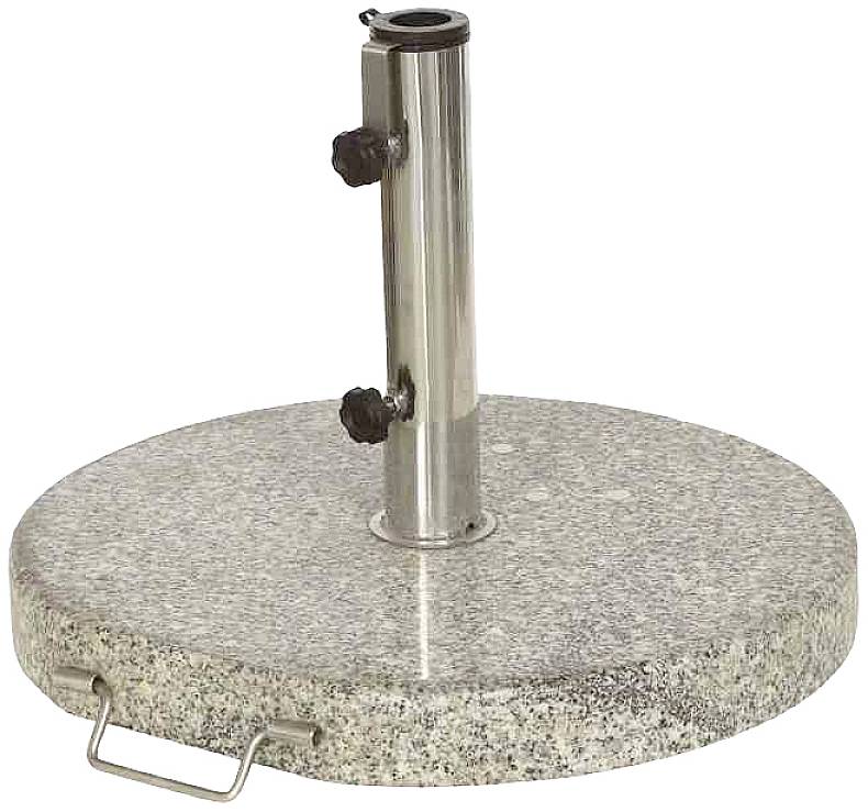 Granitowy stojak na parasol z okrągłą podstawą i metalową rurą do mocowania parasola przeciwsłonecznego, z metalowymi uchwytami bocznymi do przenoszenia.
