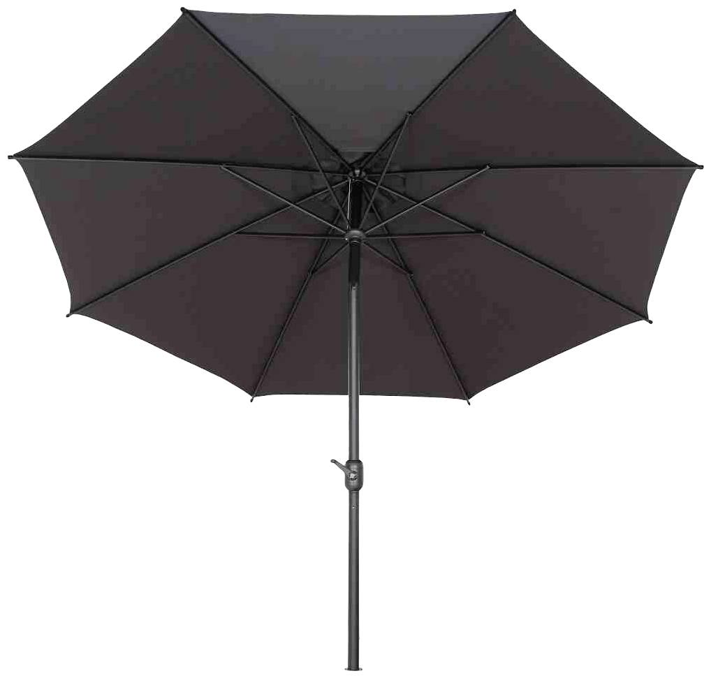 Duży, czarny parasol z solidną metalową konstrukcją i rozłożoną tkaniną.