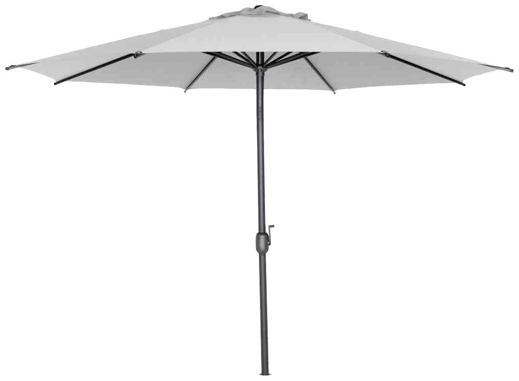 Duży, szary parasol przeciwsłoneczny z solidnym metalowym stojakiem i korbką do otwierania i zamykania, znajdujący się w centrum obrazu.