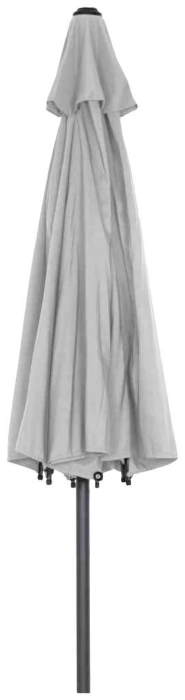 Złożony szary parasol przeciwsłoneczny ze czarną podstawą, zaciśnięty i stojący pionowo.