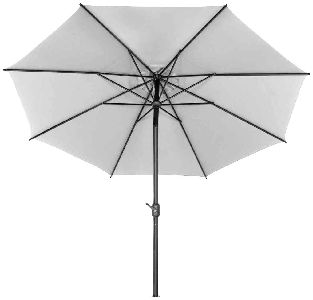 Otwarty, okrągły parasol przeciwsłoneczny z czarną konstrukcją i jasnoszarym materiałem.