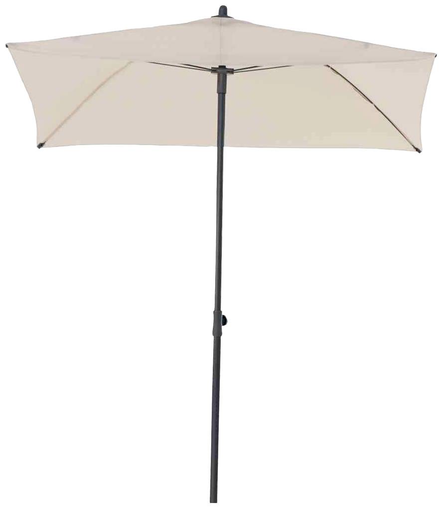 Beżowy parasol z prostokątnym materiałem i czarną, regulowaną podstawą. Idealny na taras lub do ogrodu.