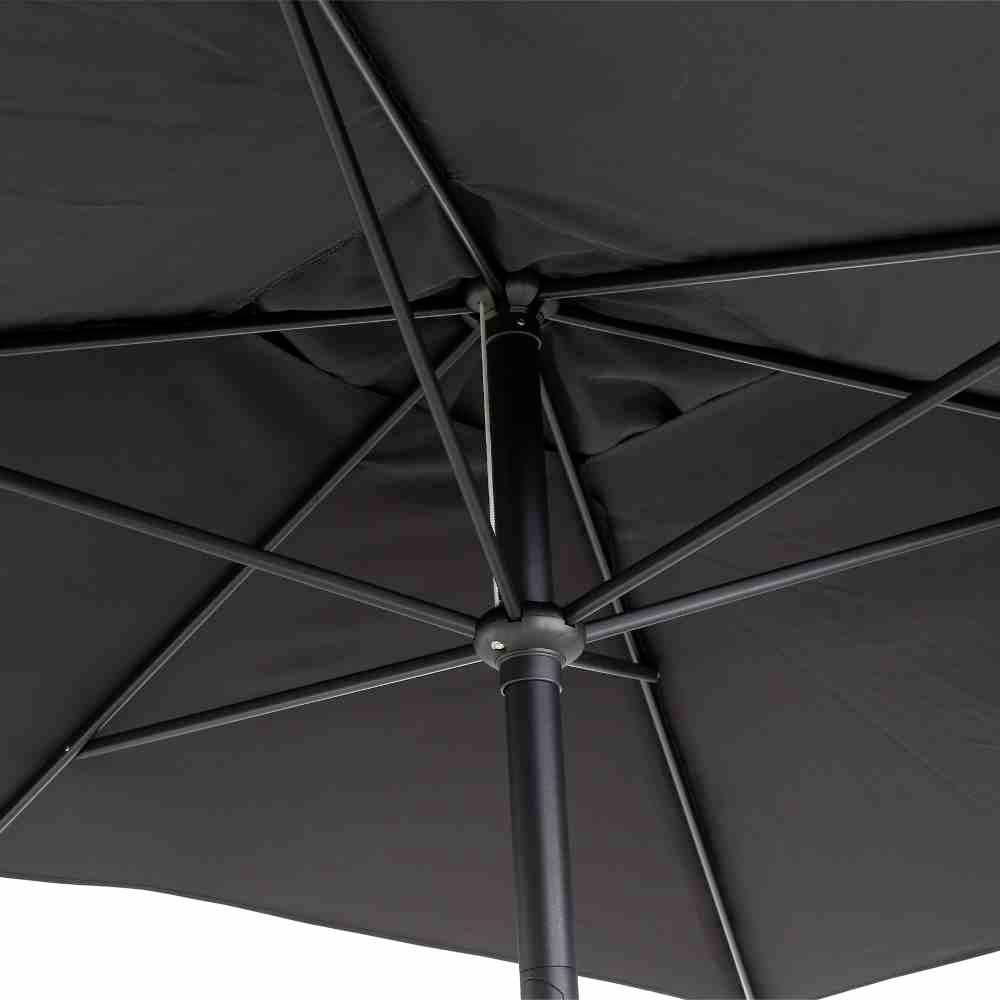 Czarny parasol sfotografowany od dołu, ukazujący żebra i centralną część słupa.
