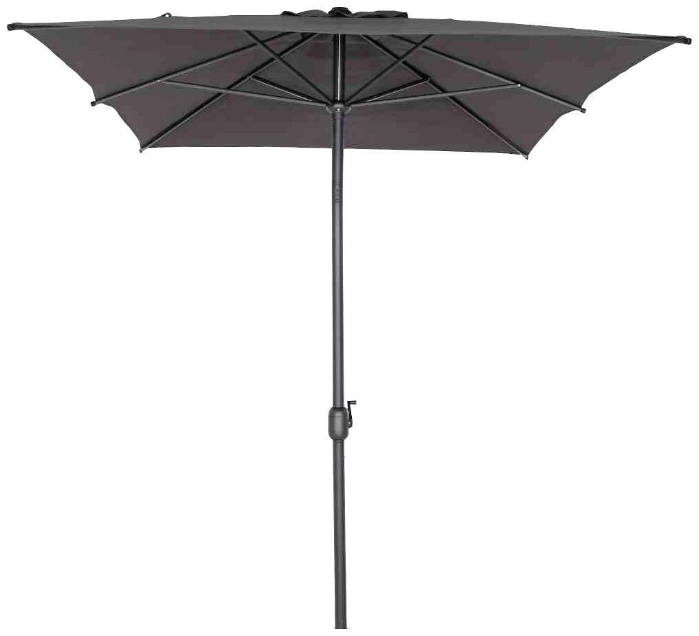 Czarny parasol z metalową żerdką, całkowicie rozłożony. Odpowiedni do użytku na zewnątrz, taki jak w ogrodzie lub na tarasie.