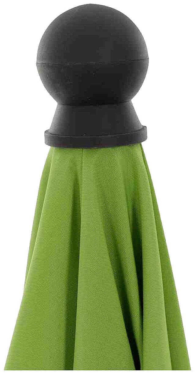 Czarny guzik jako górna część parasola, do którego przymocowana jest zielona tkanina.