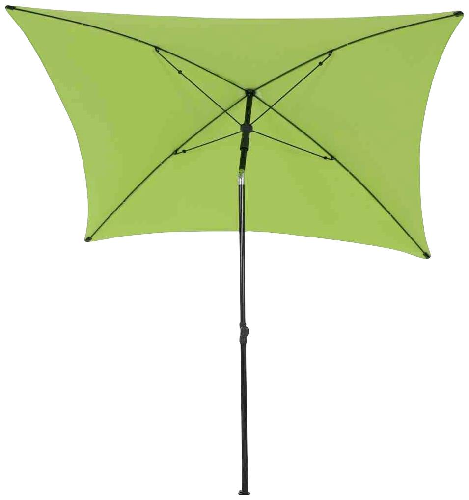 Zielony, kwadratowy parasol przeciwsłoneczny z czarnym uchwytem, rozłożony i sfotografowany od dołu do góry.