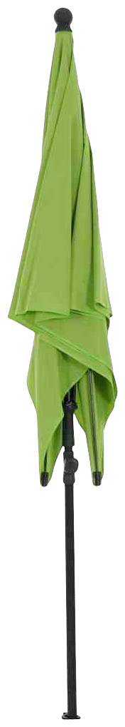 Złożony zielony parasol przeciwsłoneczny na czarnym stojaku.