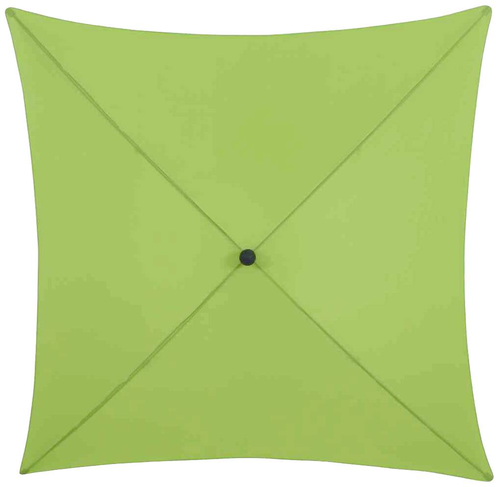 Kwadratowy, zielony parasol przeciwsłoneczny widziany z góry, czarny środek, widoczne stelaże.