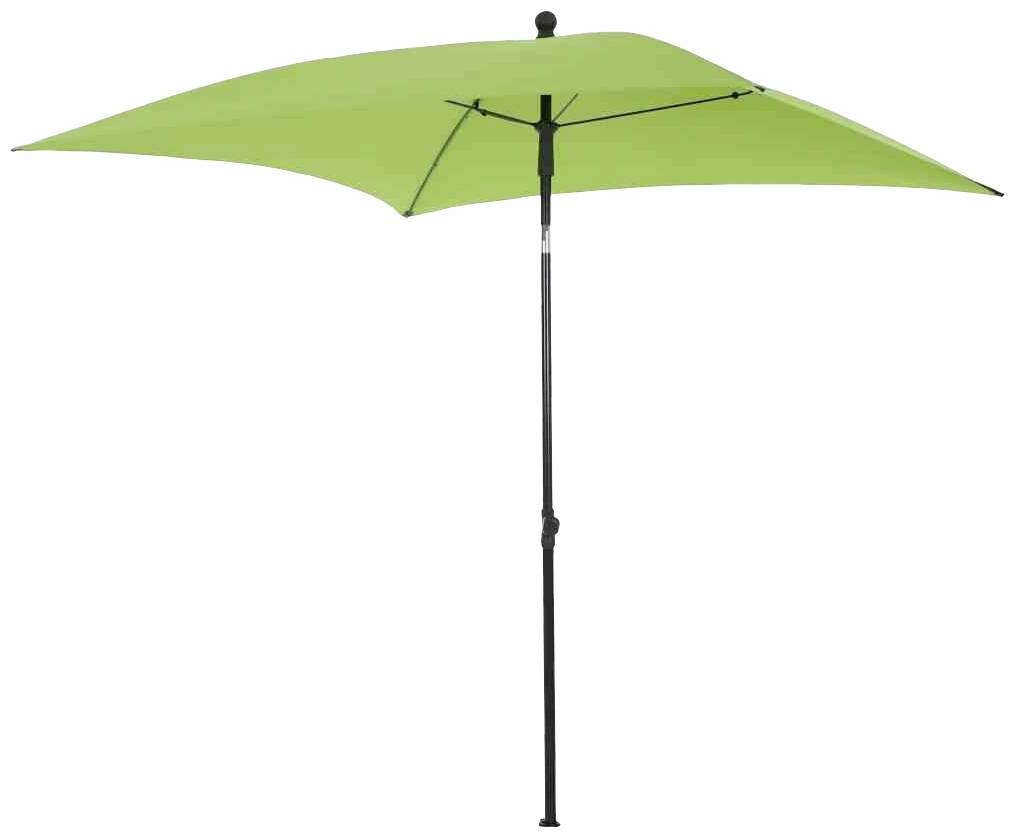 Zielony, kwadratowy parasol przeciwsłoneczny z metalowym stelażem.