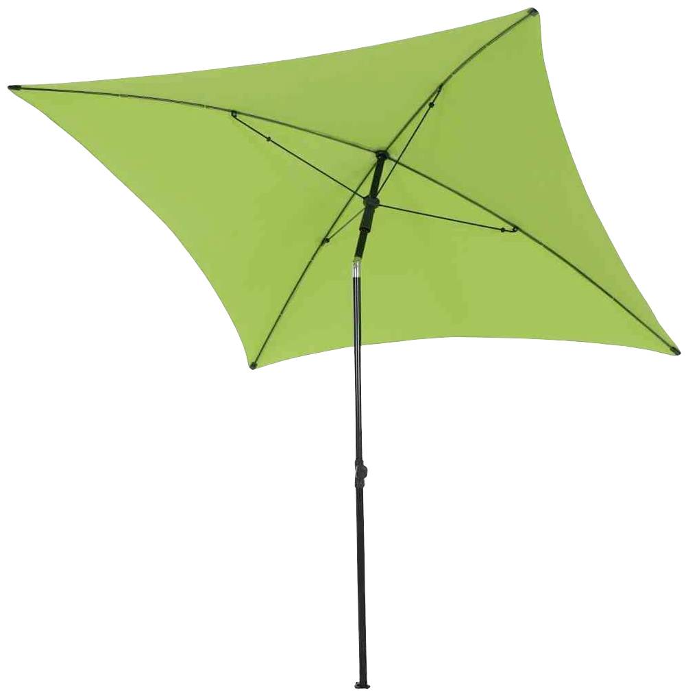 Zielony, kwadratowy parasol przeciwsłoneczny z czarną podstawą, lekko pochylony. Idealny do zapewnienia cienia w ogrodzie lub na tarasie.