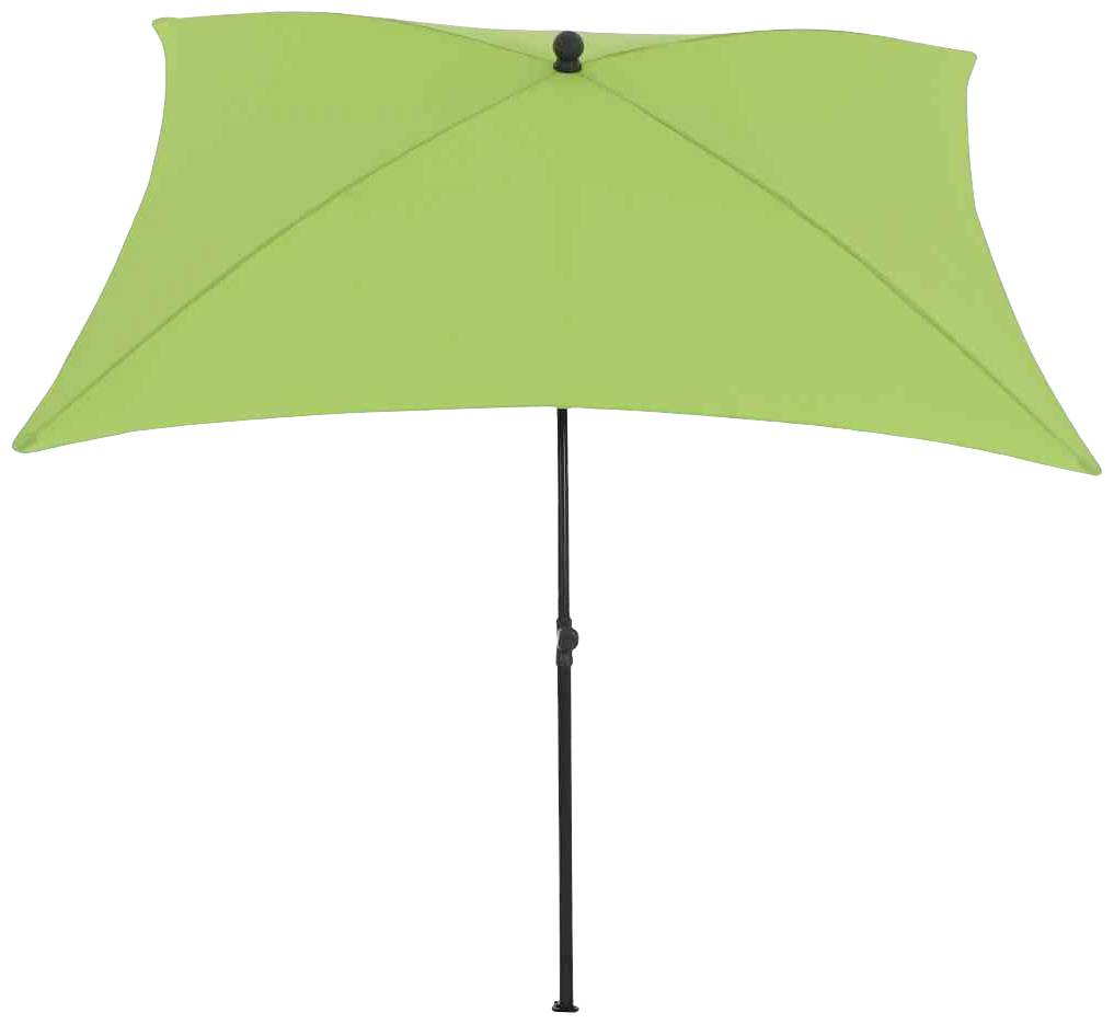 Zielony prostokątny parasol przeciwsłoneczny z czarną podstawą, rozłożony, na białym tle.