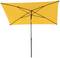 Żółty, prostokątny parasol przeciwsłoneczny z czarną ramą i centralnym wspornikiem.