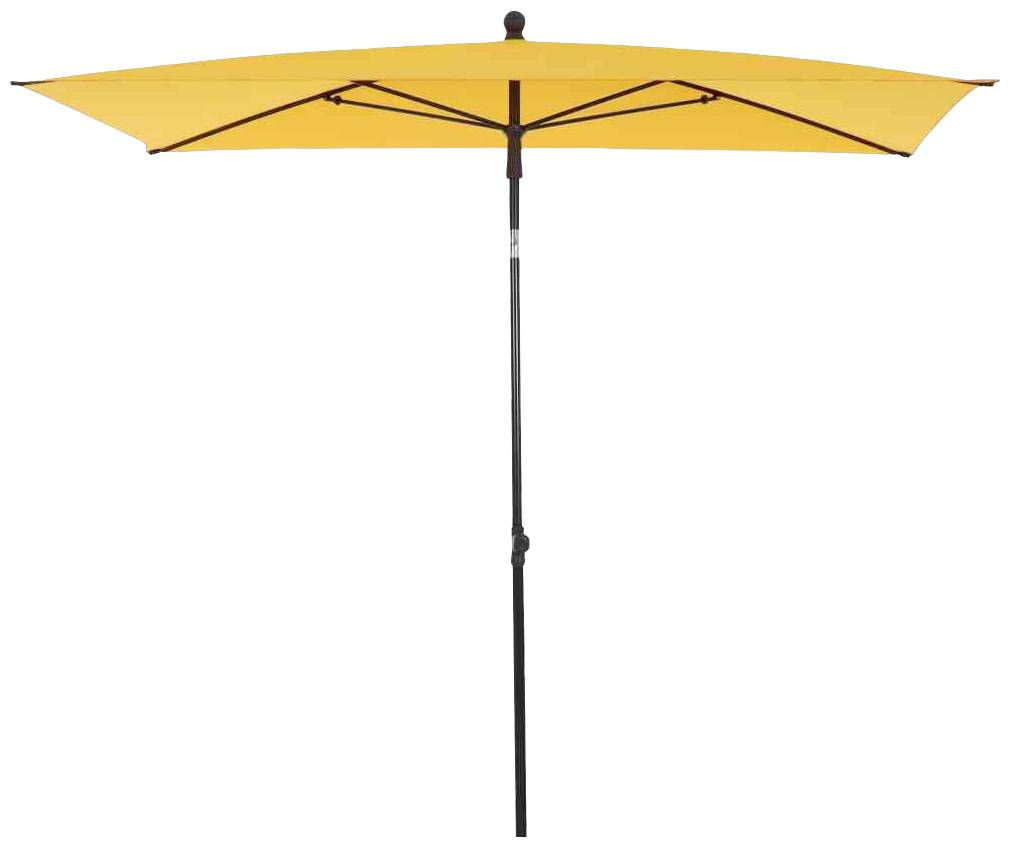 Żółty parasol przeciwsłoneczny z czarną podstawą, rozłożony.